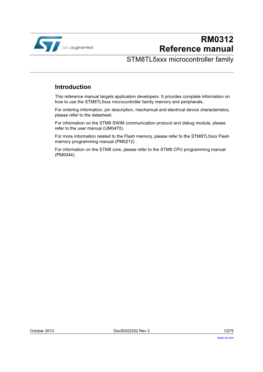 RM0312 Reference Manual Stm8tl5xxx Microcontroller Family