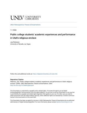 Public College Students' Academic Experiences and Performance in Utah's Religious Enclave