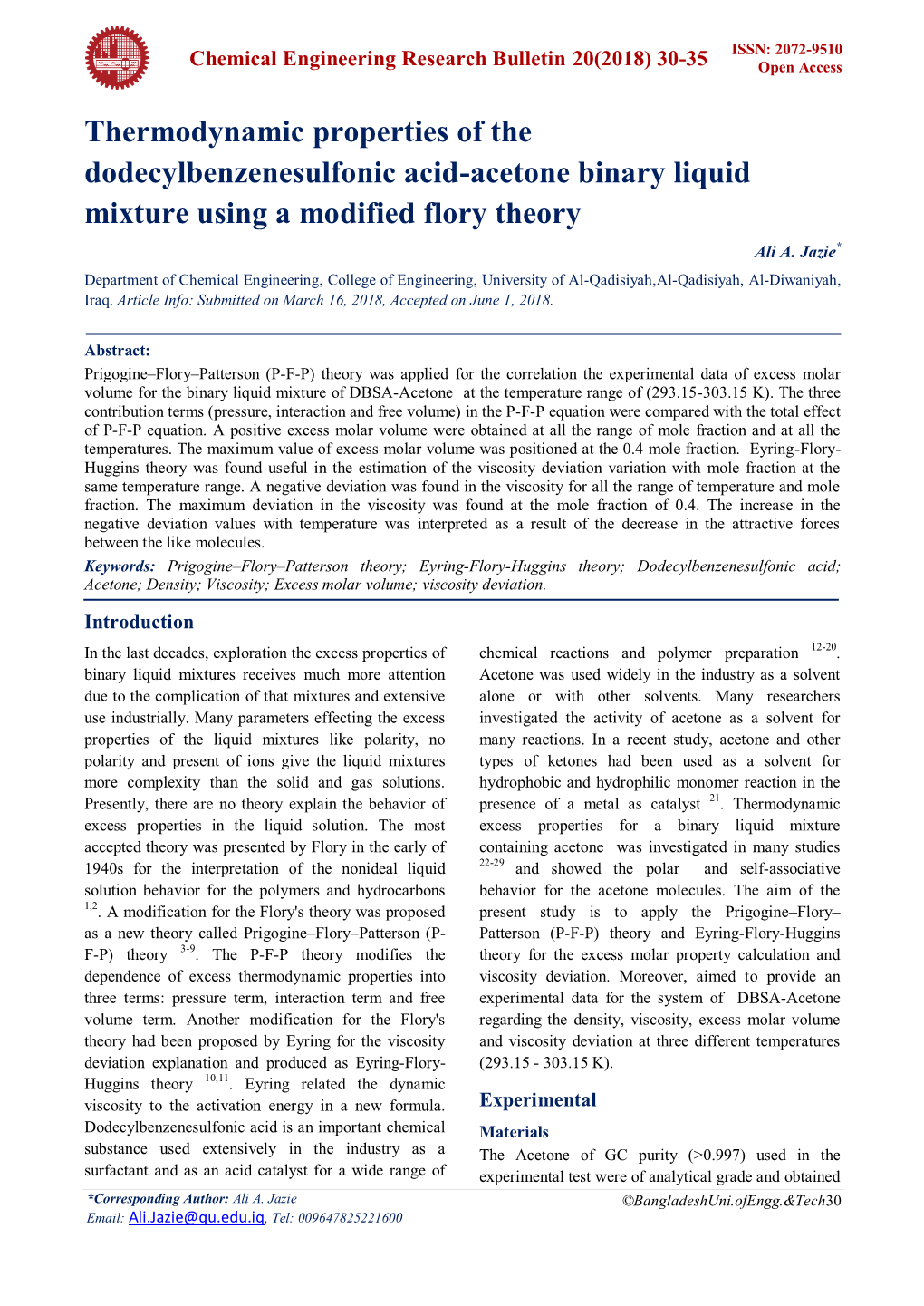 Thermodynamic Properties of the Dodecylbenzenesulfonic Acid-Acetone Binary Liquid Mixture Using a Modified Flory Theory