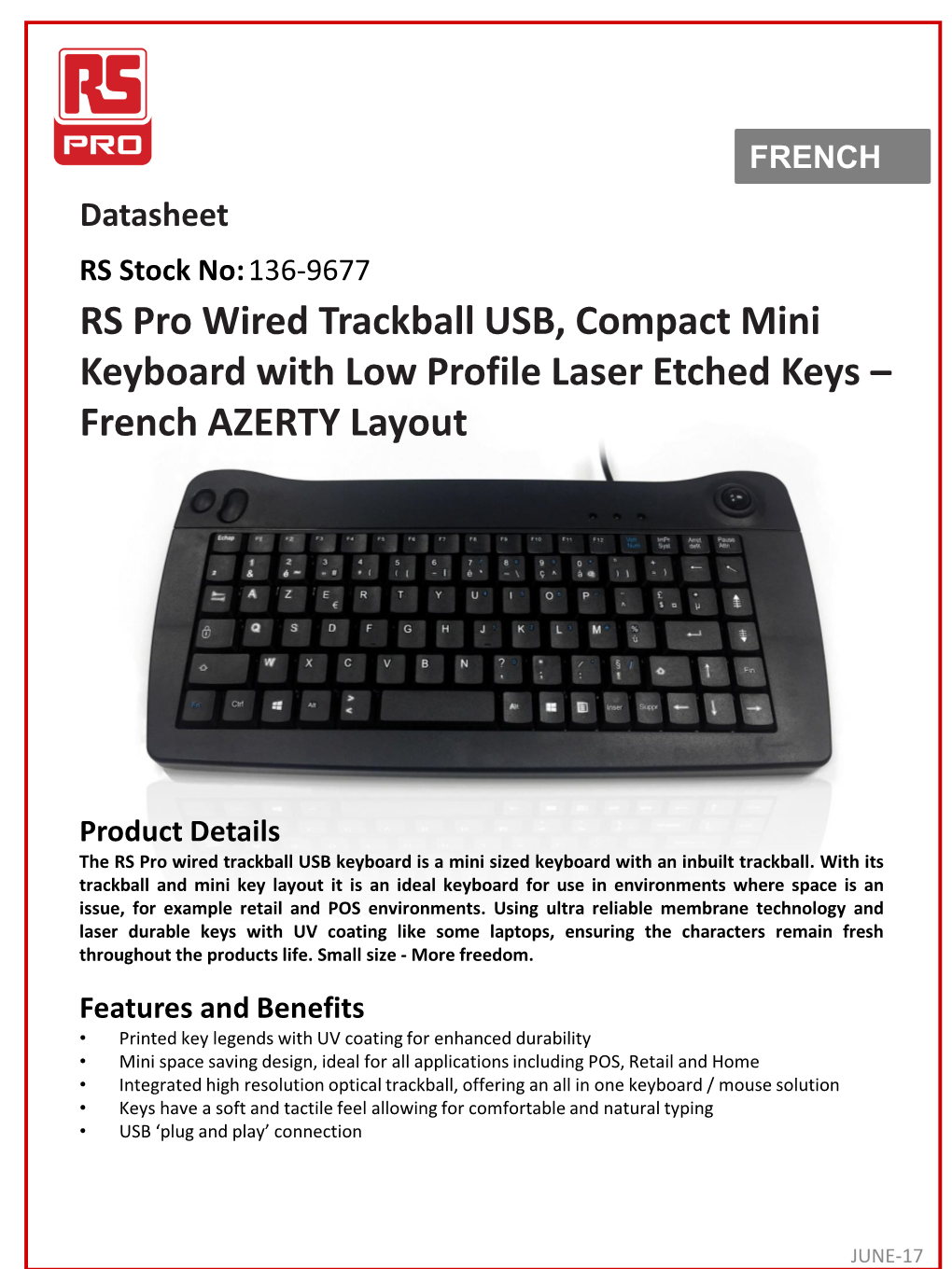 RS Pro Wired Trackball USB, Compact Mini Keyboard with Low Profile Laser Etched Keys – French AZERTY Layout