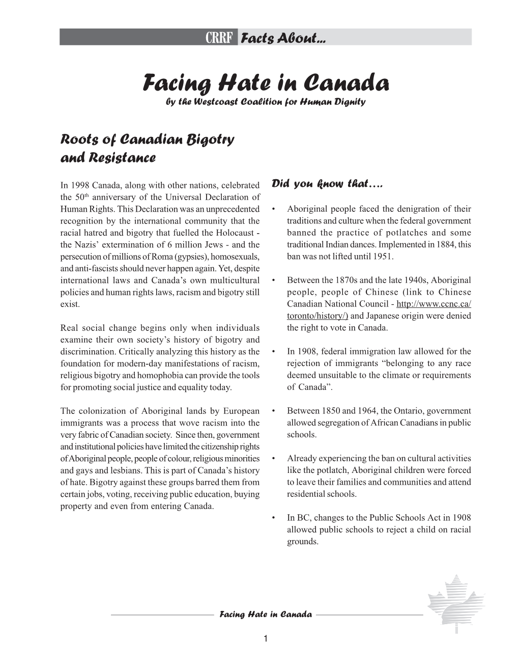 Facing Hate in Canada by the Westcoast Coalition for Human Dignity