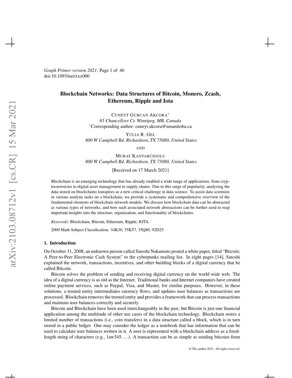 Arxiv:2103.08712V1 [Cs.CR] 15 Mar 2021 Called Bitcoin