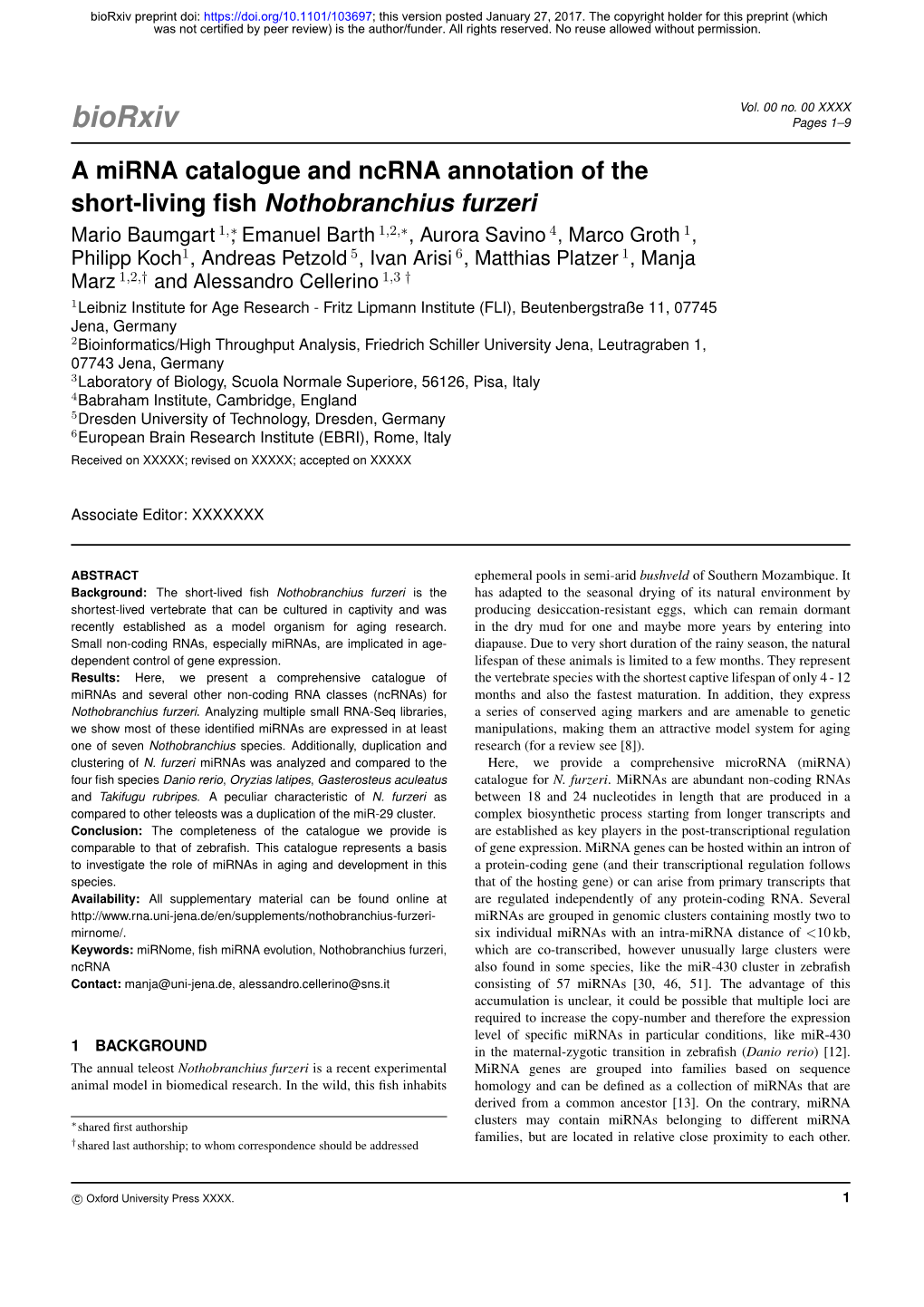 A Mirna Catalogue and Ncrna Annotation of the Short-Living Fish