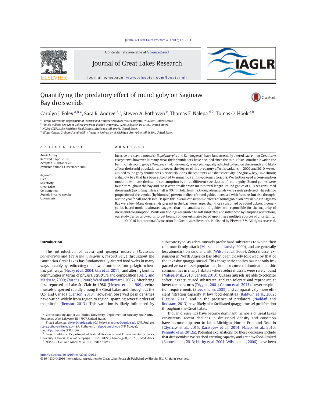 Quantifying the Predatory Effect of Round Goby on Saginaw Bay Dreissenids