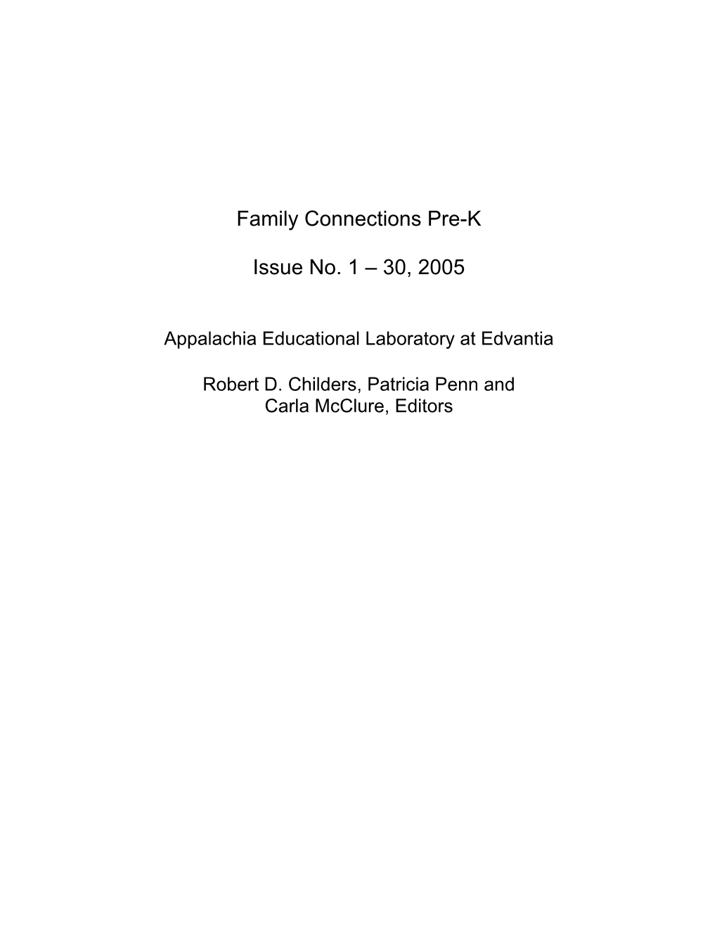 Family Connections Pre-K Issue No. 1 – 30, 2005