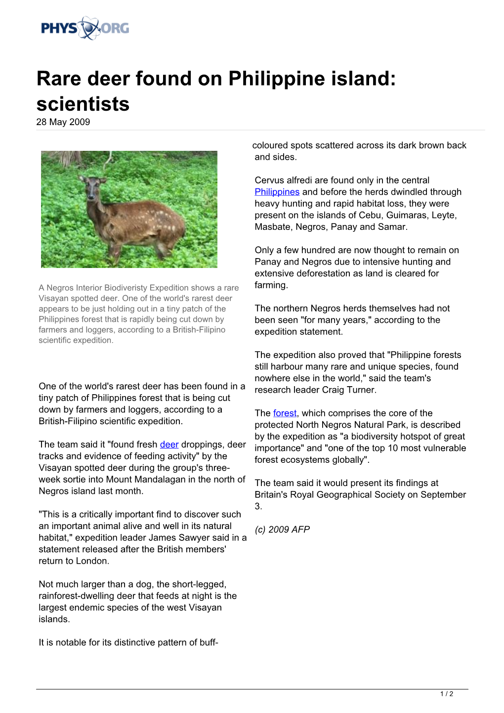 Rare Deer Found on Philippine Island: Scientists 28 May 2009