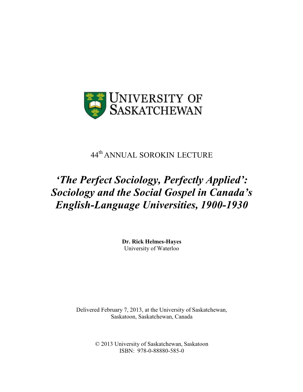 Sociology and the Social Gospel in Canada's English-Language Universities