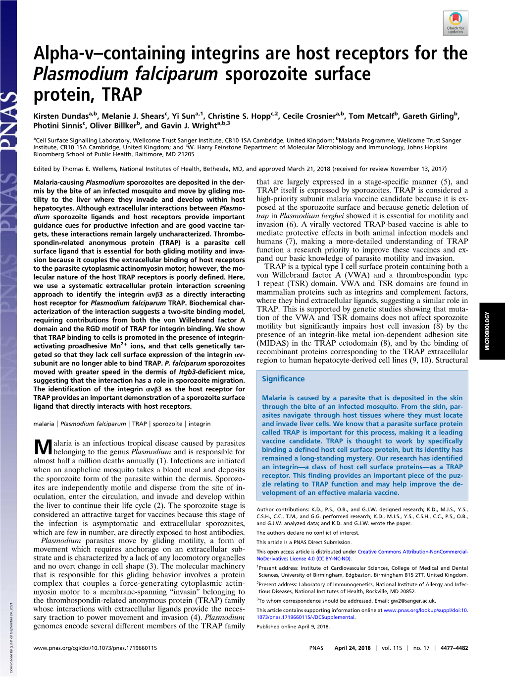 Alpha-V–Containing Integrins Are Host Receptors for the Plasmodium Falciparum Sporozoite Surface Protein, TRAP