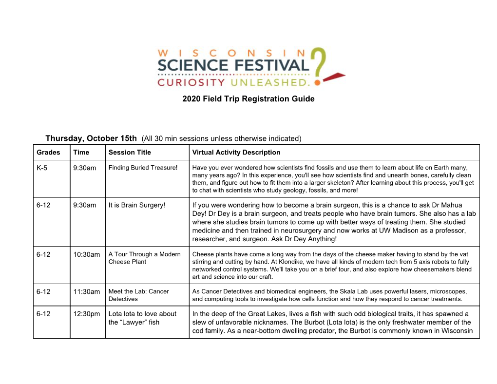 2020 Field Trip Registration Guide