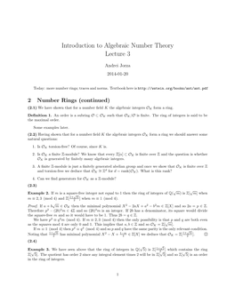 Introduction to Algebraic Number Theory Lecture 3