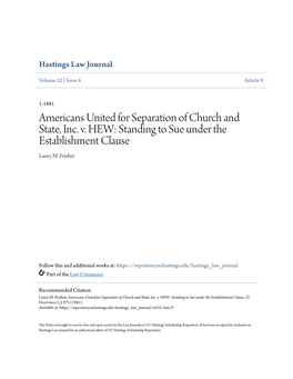 Americans United for Separation of Church and State, Inc. V. HEW: Standing to Sue Under the Establishment Clause Laury M