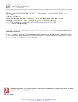 Hebraism and the Republican Turn of 1776: a Contemporary Account of the Debate Over Common Sense Author(S): Eric Nelson Source: the William and Mary Quarterly, Vol