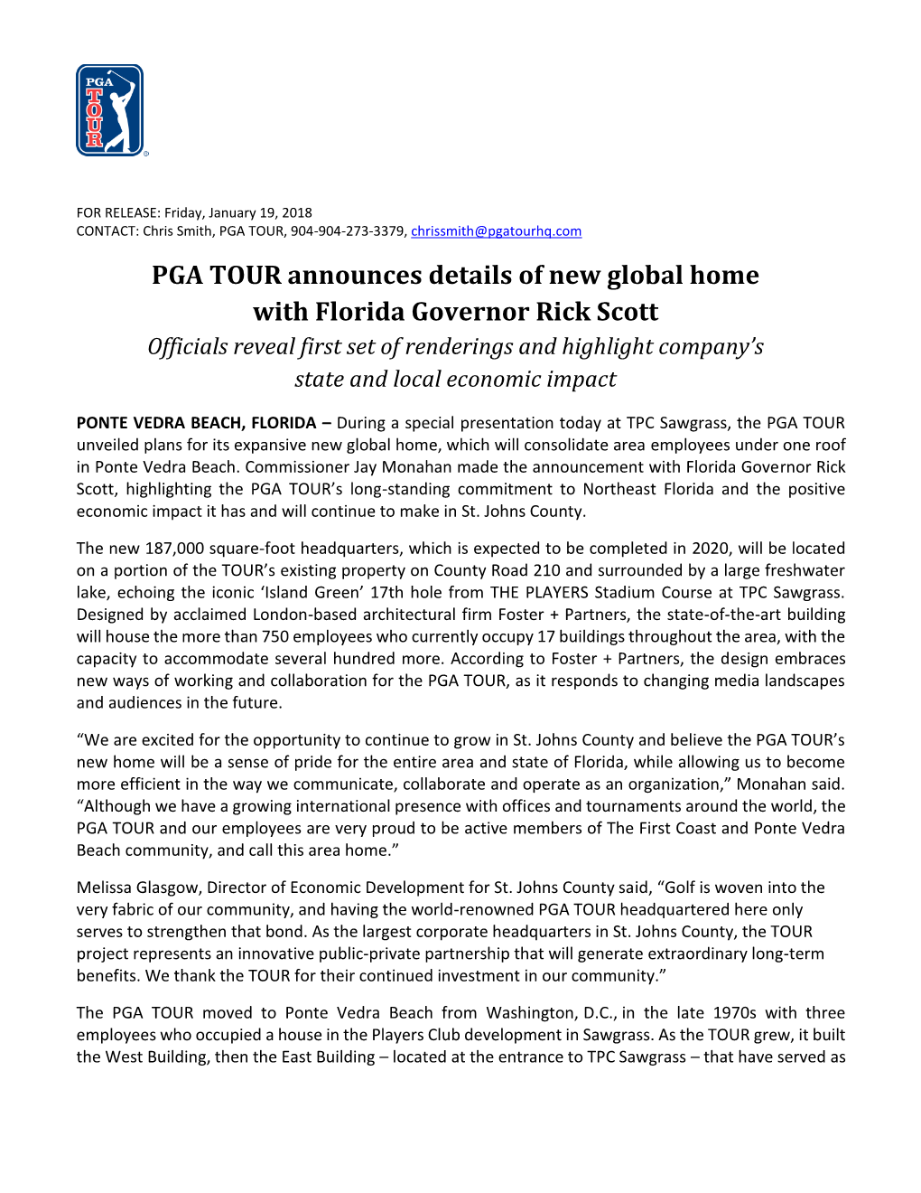PGA TOUR Announces Details of New Global Home with Florida Governor