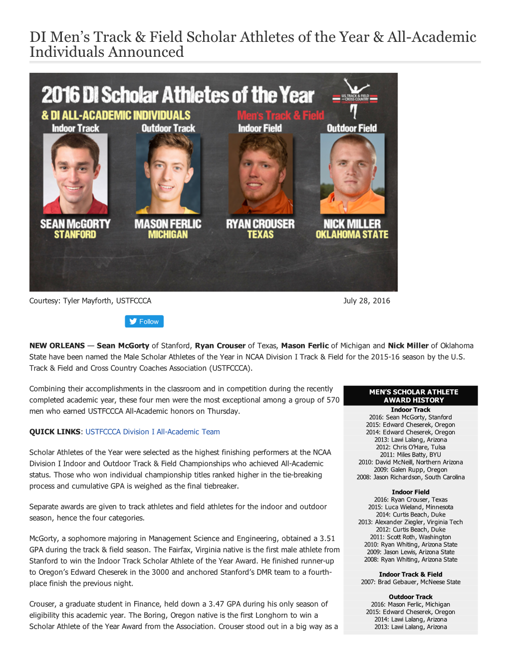 DI Men's Track & Field Scholar Athletes of the Year & Allacademic