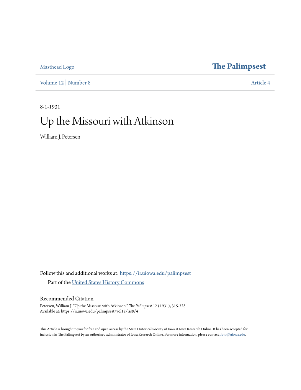 Up the Missouri with Atkinson William J