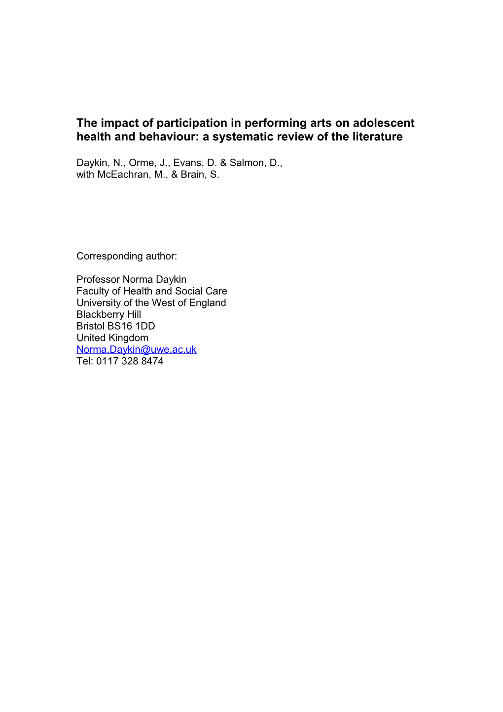 The Impact of Arts on Health and Wellbeing of Young People: a Systematic Review of The