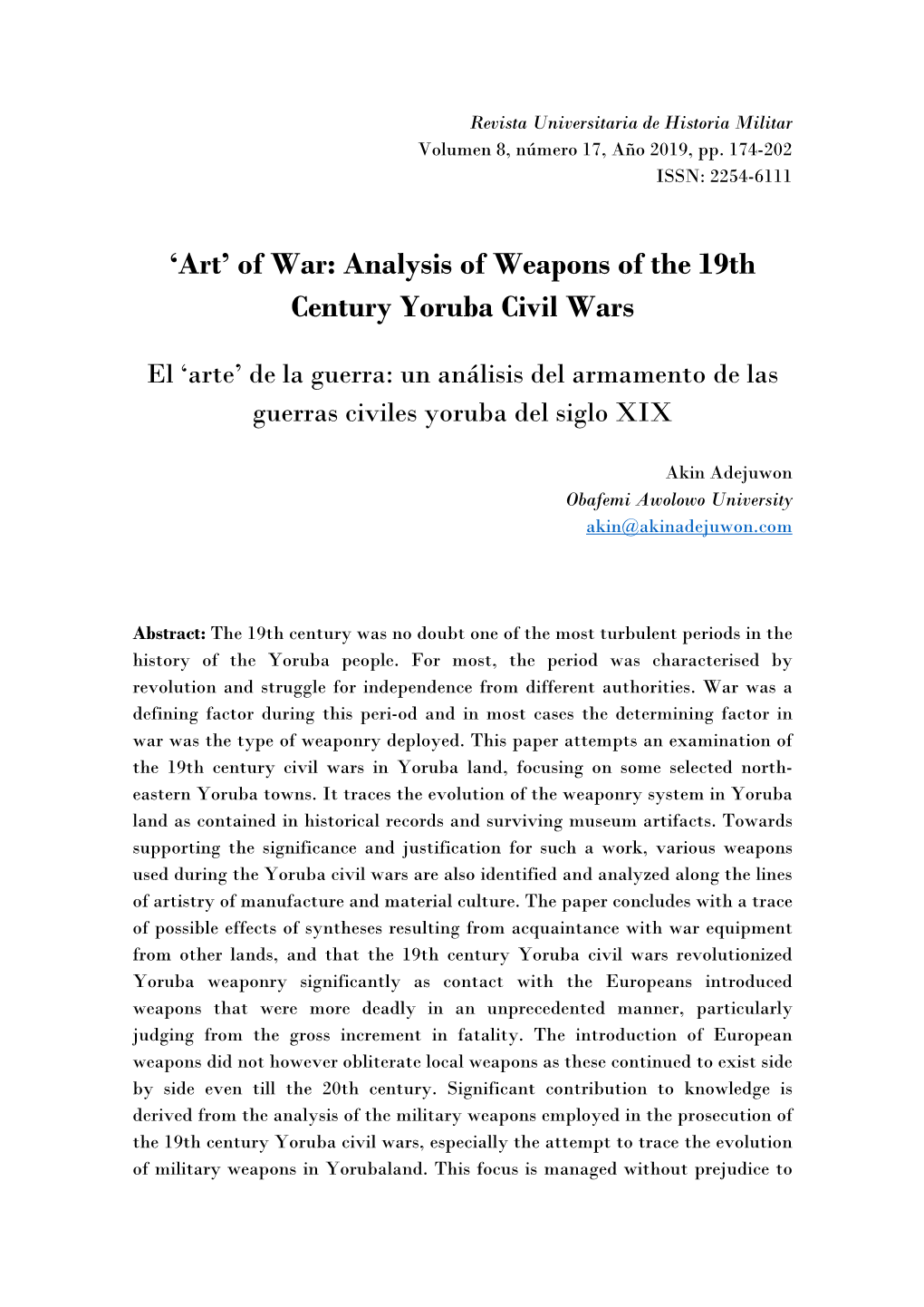 'Art' of War: Analysis of Weapons of the 19Th Century Yoruba Civil Wars