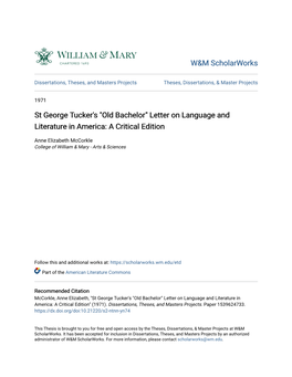 St George Tucker's "Old Bachelor" Letter on Language and Literature in America: a Critical Edition