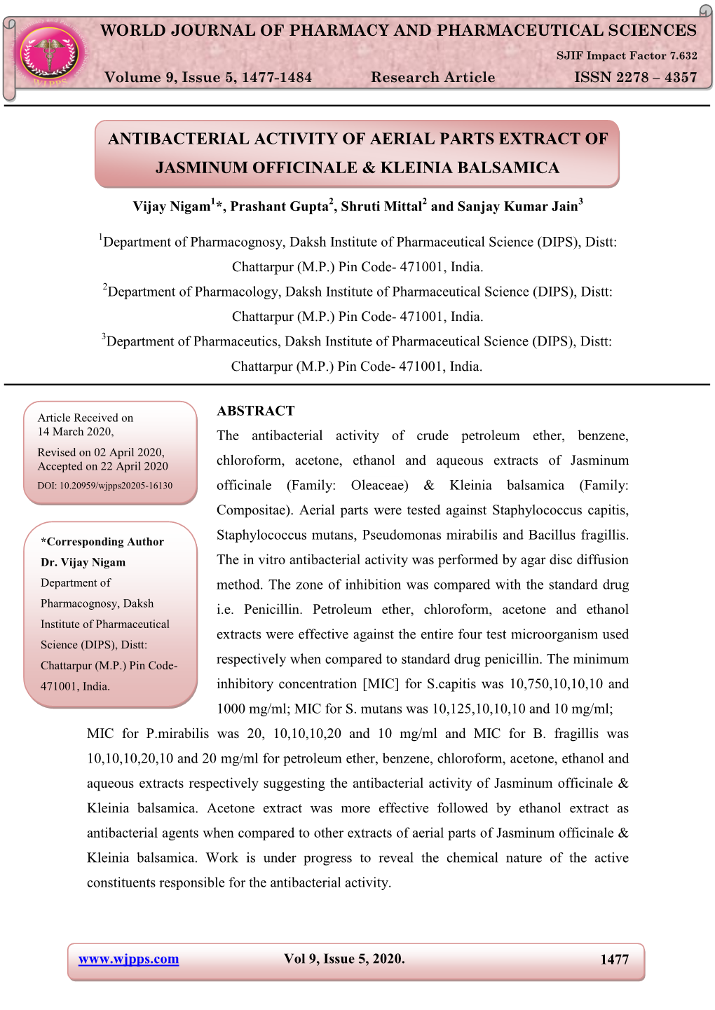 Antibacterial Activity of Aerial Parts Extract of Jasminum Officinale & Kleinia Balsamica