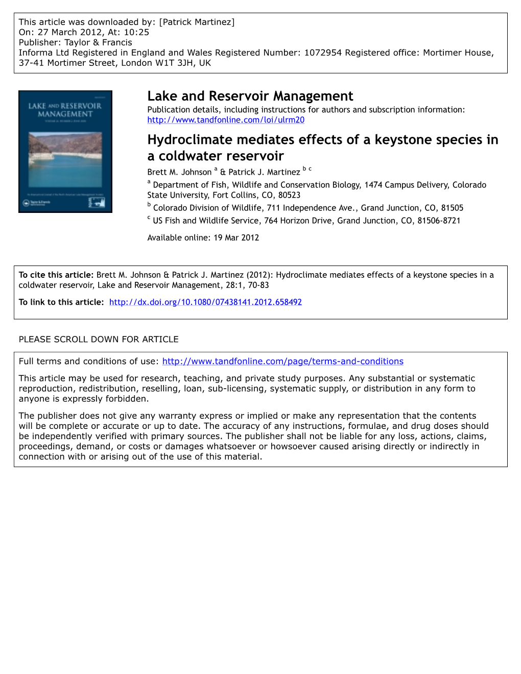 Hydroclimate Mediates Effects of a Keystone Species in a Coldwater Reservoir Brett M