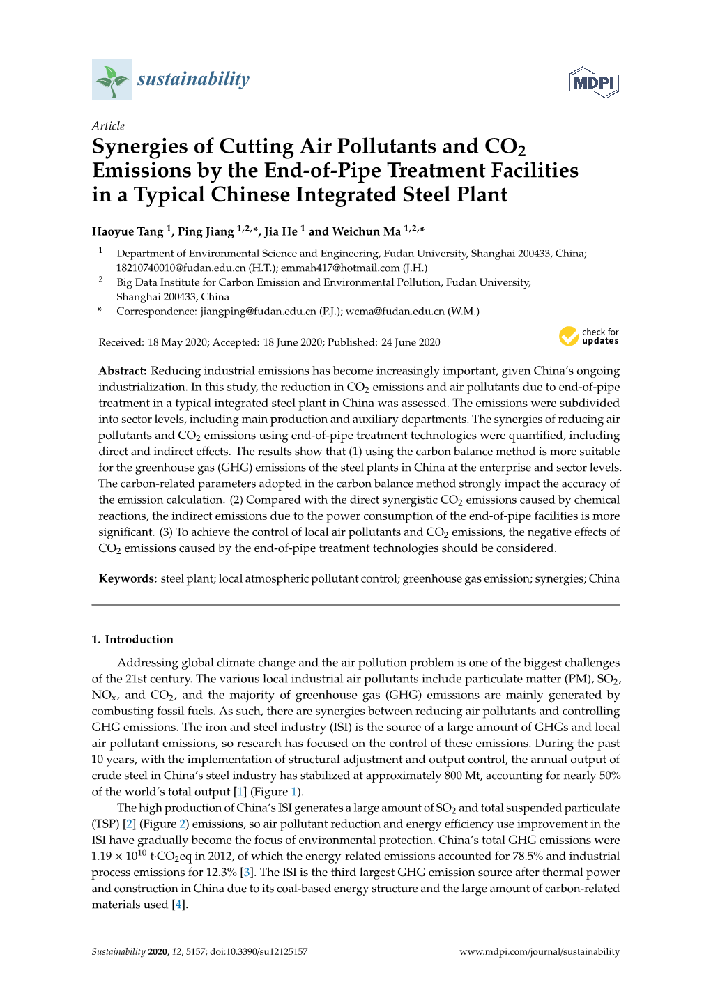 Synergies of Cutting Air Pollutants and CO2 Emissions by the End-Of-Pipe Treatment Facilities in a Typical Chinese Integrated Steel Plant