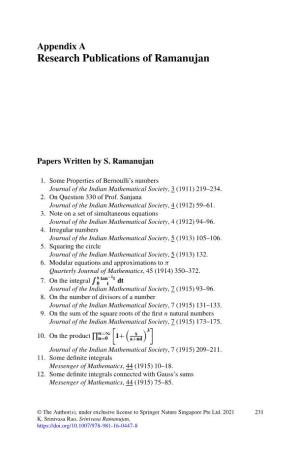 Research Publications of Ramanujan