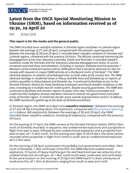 Latest from the OSCE Special Monitoring Mission to Ukraine (SMM), Based on Information Received As of 19:30, 29 April 20 | OSCE