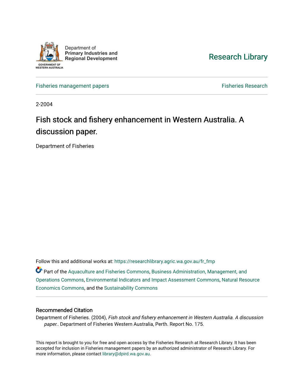 Fish Stock and Fishery Enhancement in Western Australia