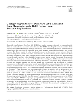 Geology of Granitoids of Pindwara–Abu Road Belt from Mesoproterozoic Delhi Supergroup: Tectonic Implications