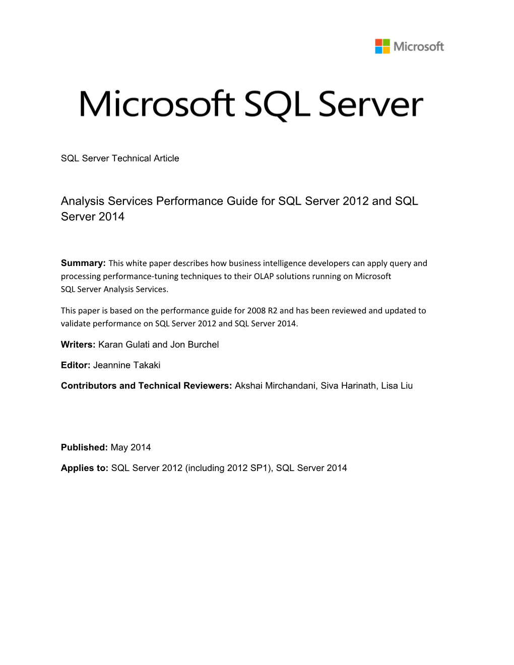 Analysis Services Performance Guide for SQL Server 2012 and 2014