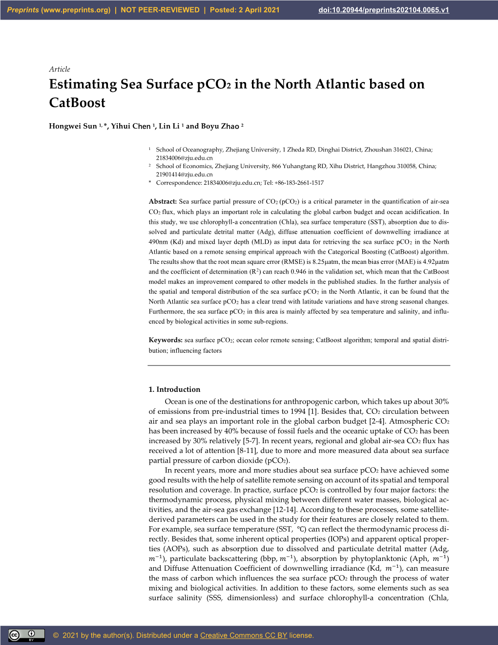 Estimating Sea Surface Pco2 in the North Atlantic Based on Catboost
