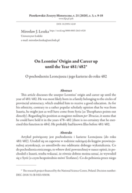 On Leontius' Origin and Career up Until the Year 481/482*