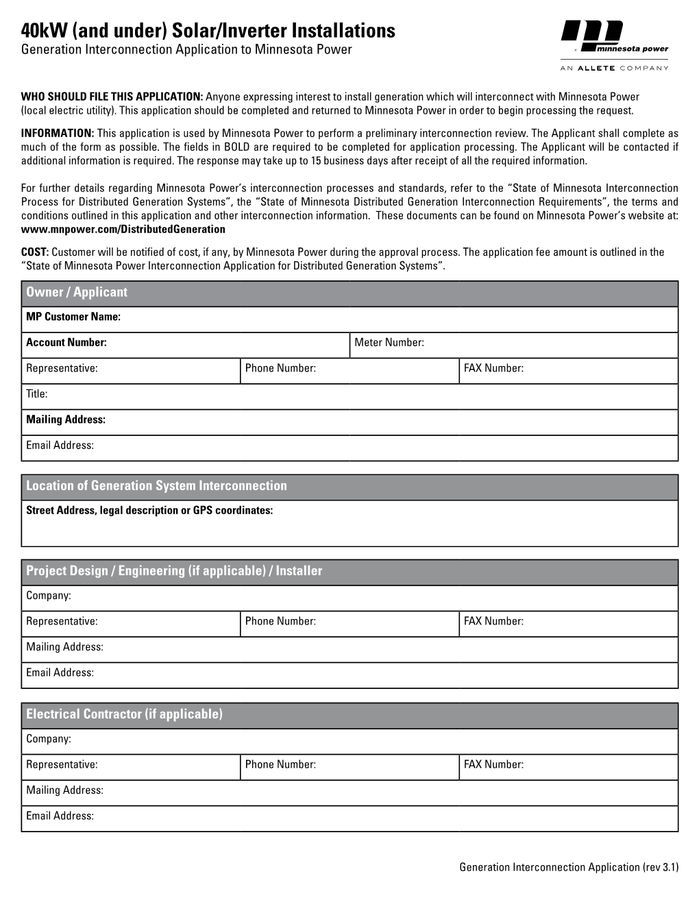 Solar/Inverter Installations Generation Interconnection Application to Minnesota Power