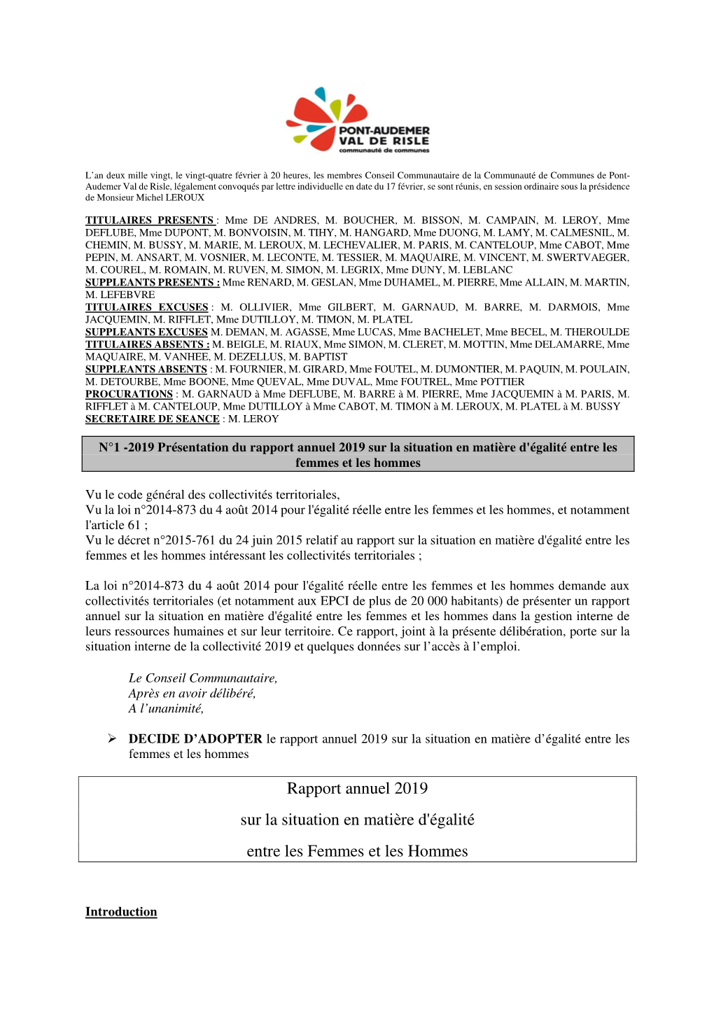 Compte Rendu Conseil Communautaire 24.02.2020