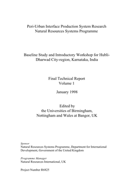 Peri-Urban Interface Production System Research Natural Resources Systems Programme Baseline Study and Introductory Workshop