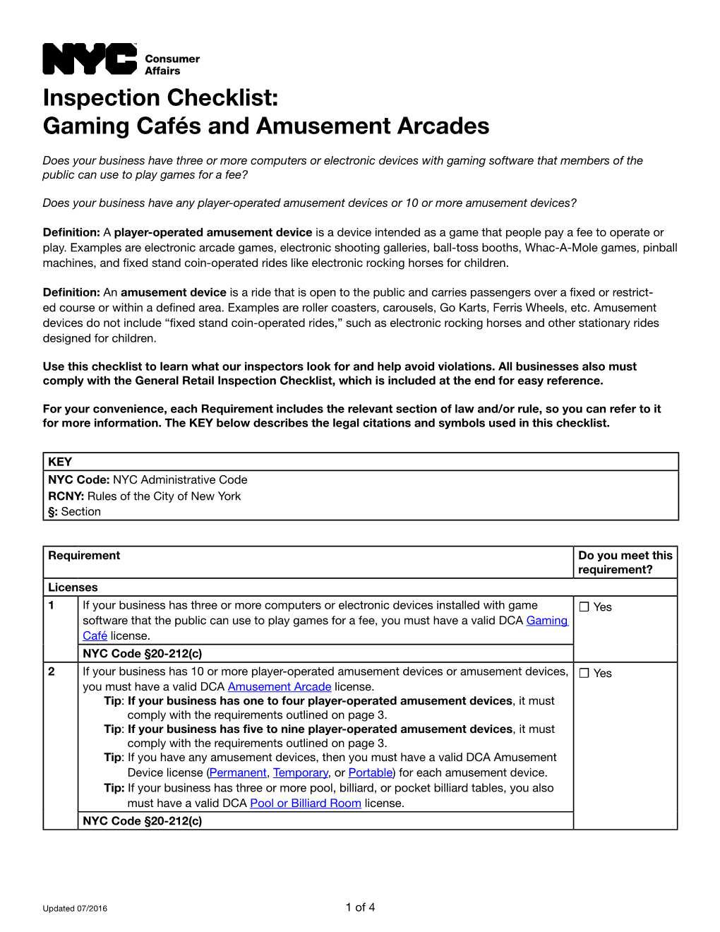 Inspection Checklist: Gaming Cafes and Amusement Arcades