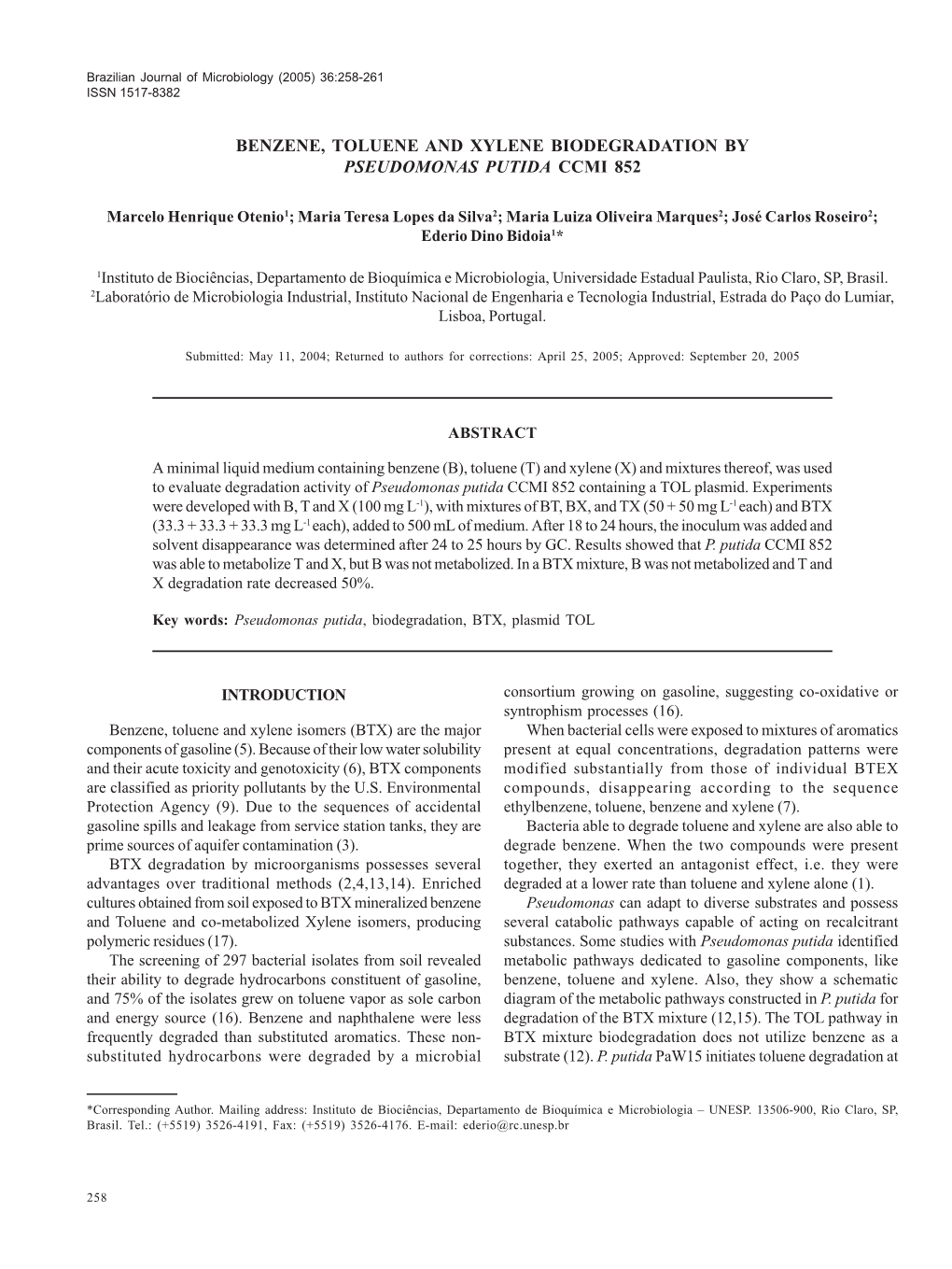 Benzene, Toluene and Xylene Biodegradation by Pseudomonas Putida Ccmi 852