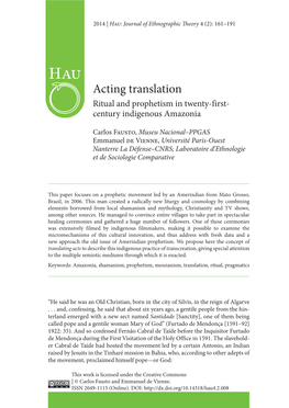 Acting Translation Ritual and Prophetism in Twenty-First- Century Indigenous Amazonia