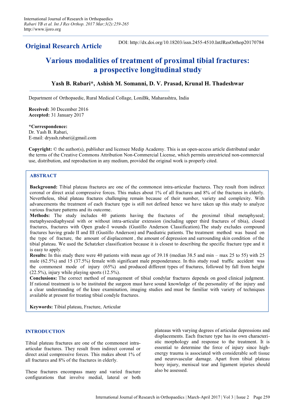 Various Modalities of Treatment of Proximal Tibial Fractures: a Prospective Longitudinal Study