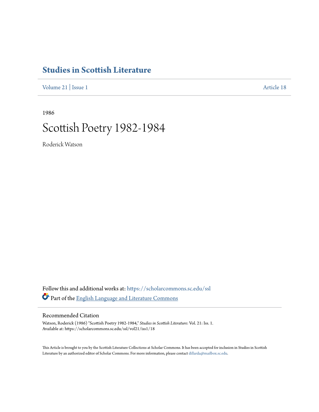 Scottish Poetry 1982-1984 Roderick Watson