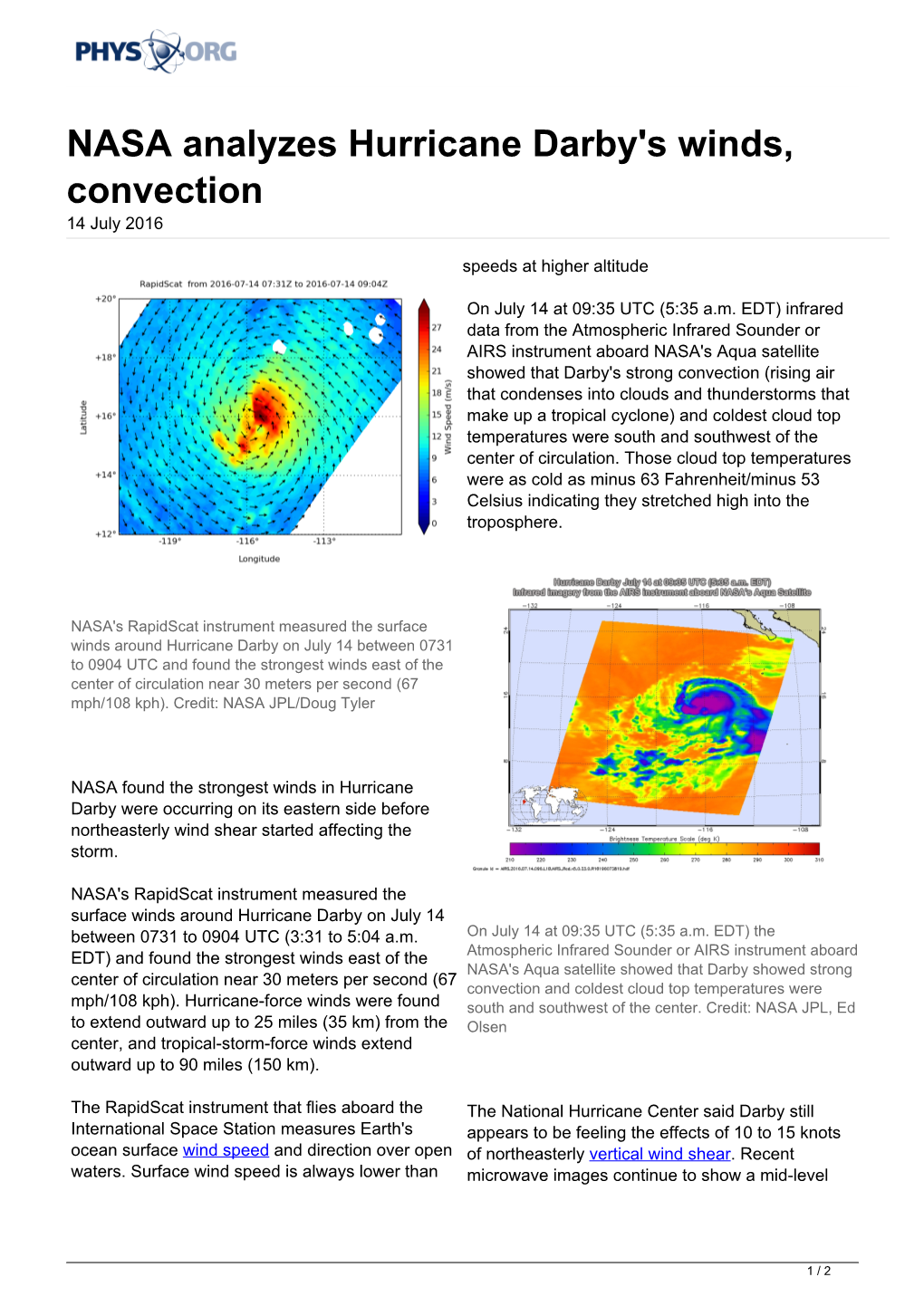 NASA Analyzes Hurricane Darby's Winds, Convection 14 July 2016