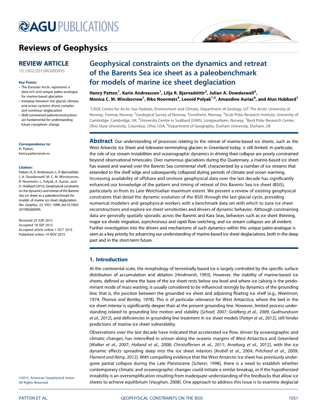 Geophysical Constraints on the Dynamics and Retreat of the Barents