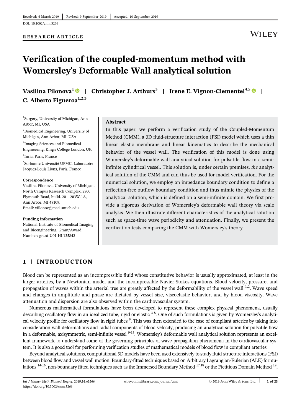 Verification of the Coupled‐Momentum Method with Womersley's Deformable Wall Analytical Solution