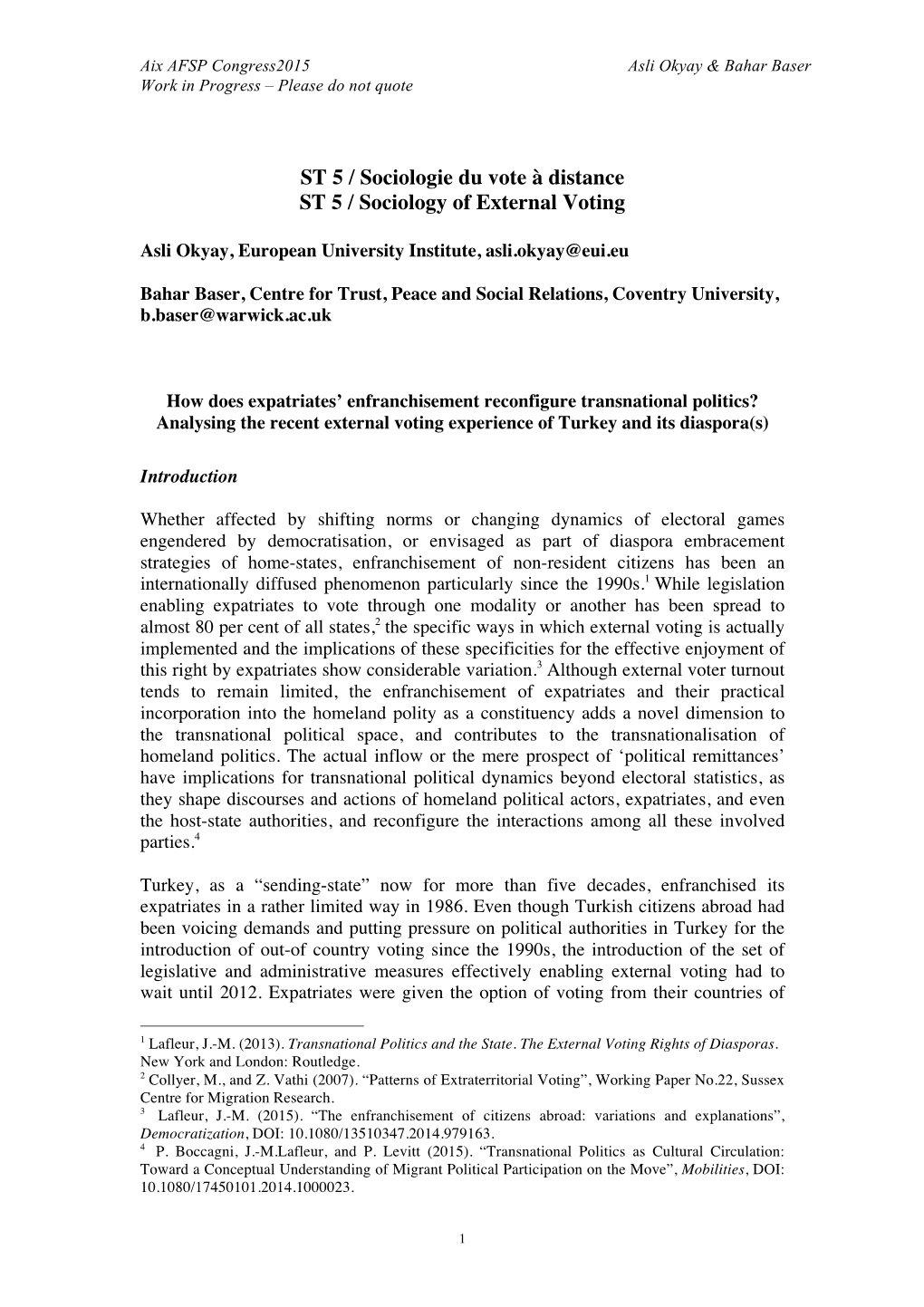 ST 5 / Sociologie Du Vote À Distance ST 5 / Sociology of External Voting