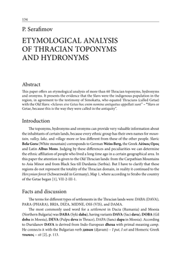 P. Serafimov ETYMOLOGICAL ANALYSIS of THRACIAN TOPONYMS and HYDRONYMS