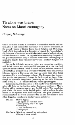 Tū Alone Was Brave: Notes on Maori Cosmogony