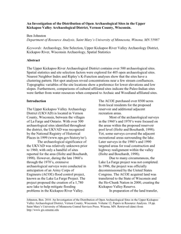 An Investigation of the Distribution of Open Archaeological Sites in the Upper Kickapoo Valley Archaeological District, Vernon County, Wisconsin