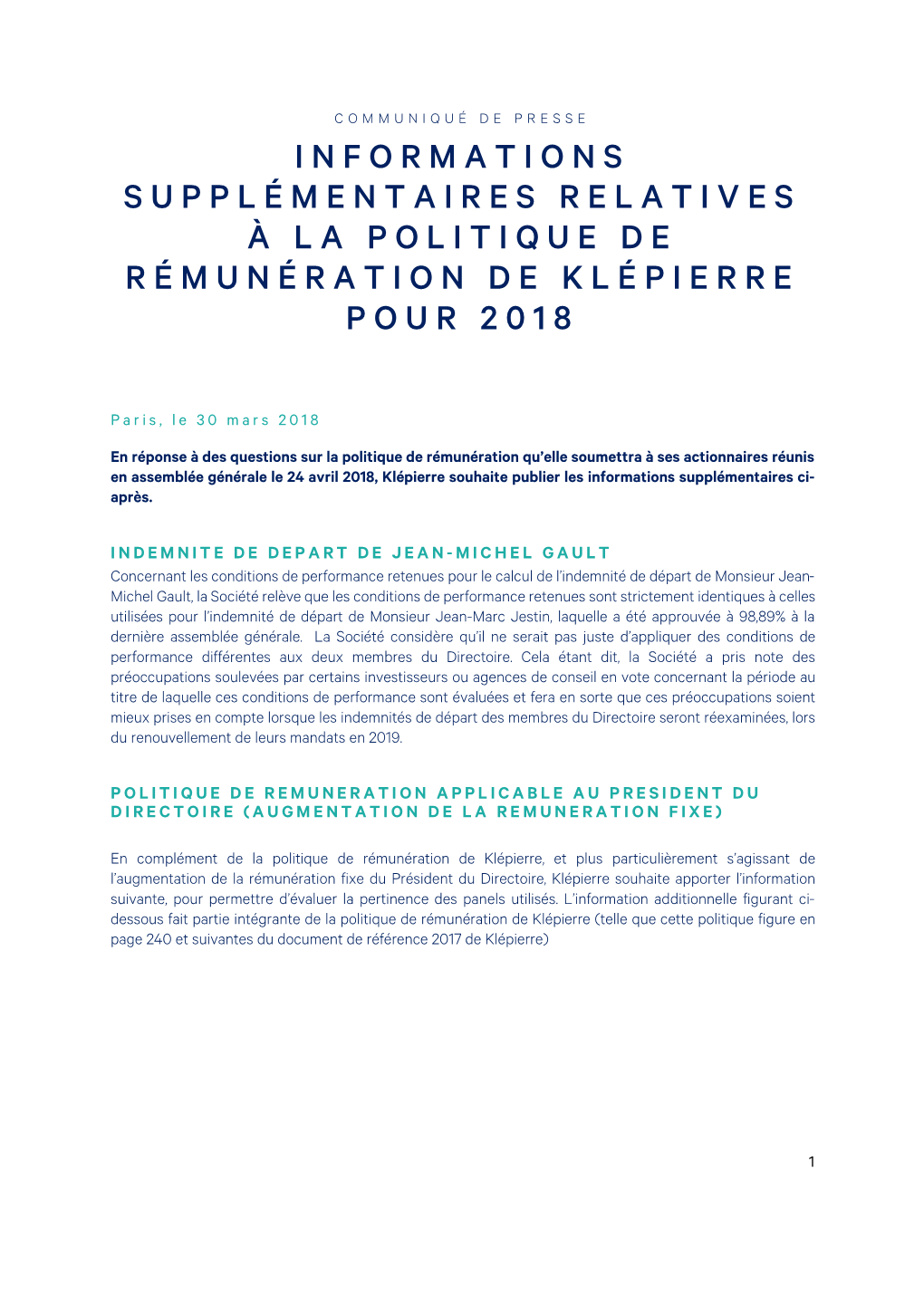 Informations Supplémentaires Relatives À La Politique De Rémunération De Klépierre Pour 2018