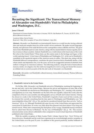 The Transcultural Memory of Alexander Von Humboldt's Visit to Philadelphia and Washington, DC