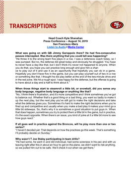 Head Coach Kyle Shanahan Press Conference – August 14, 2019 San Francisco 49Ers Listen to Audio I Media Center